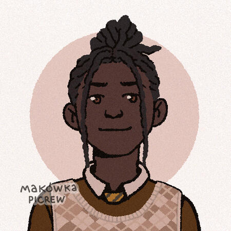 Mav's character is a dark-skinned black person in front of a beige background. They have brown eyes, a calm smile and most of their locs are packed up into a little bun. They are wearing a shirt with a tie and a sweater.