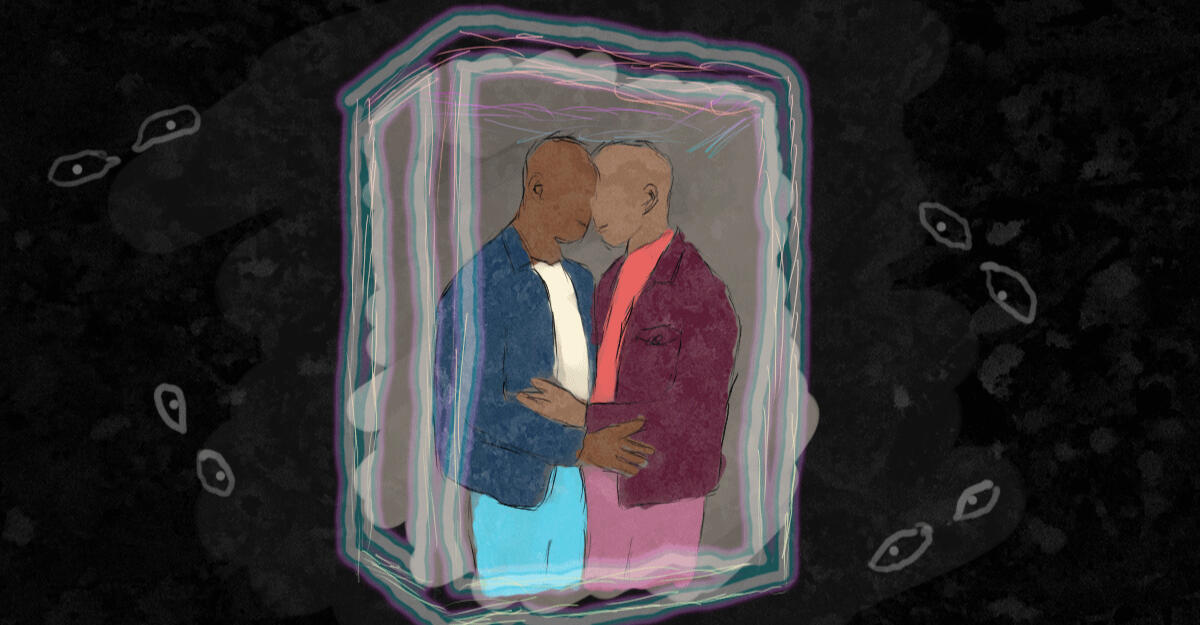 Mav's character is a dark-skinned black person in front of a beige background. They have brown eyes, a calm smile and most of their locs are packed up into a little bun. They are wearing a shirt with a tie and a sweater.